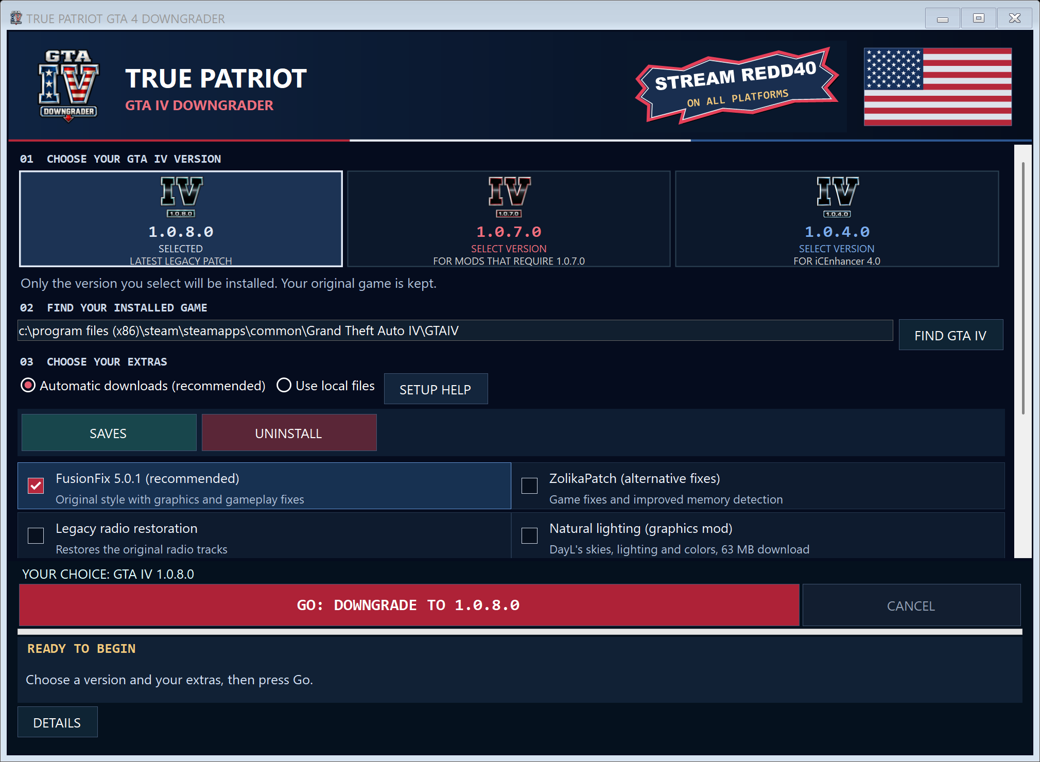 Actual TRUE PATRIOT GTA 4 DOWNGRADER app showing the three game versions, Find GTA IV, Saves, Uninstall and optional mods.